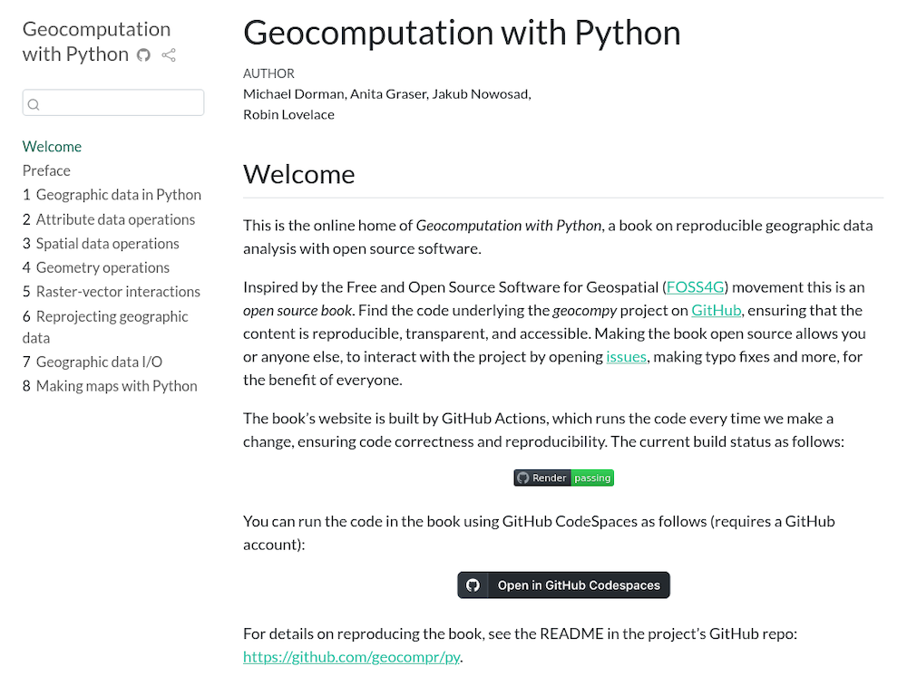 A welcome page for a Python geographic-data book with chapter list and GitHub build badges