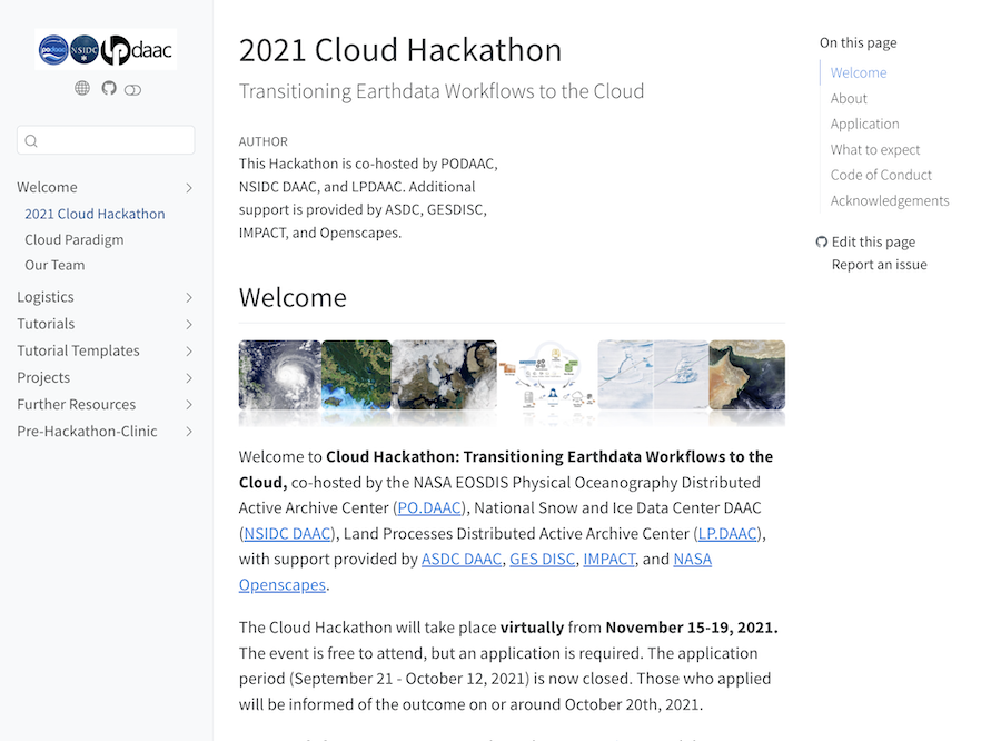 Event page with sidebar, agency logos, and a strip of satellite Earth imagery below the title