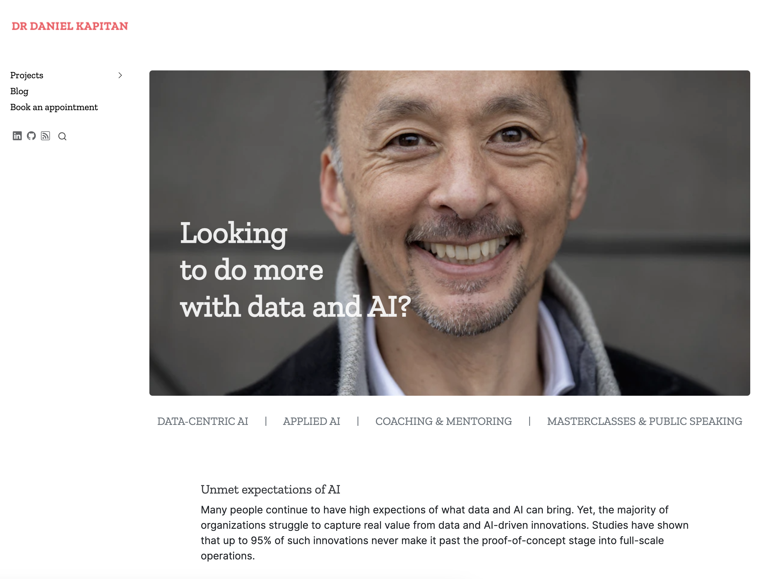 A minimal portfolio with a large smiling headshot and a data-and-AI tagline