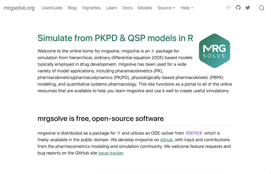 Documentation homepage with green headline and a teal MRGSOLVE hexagon logo describing the R package