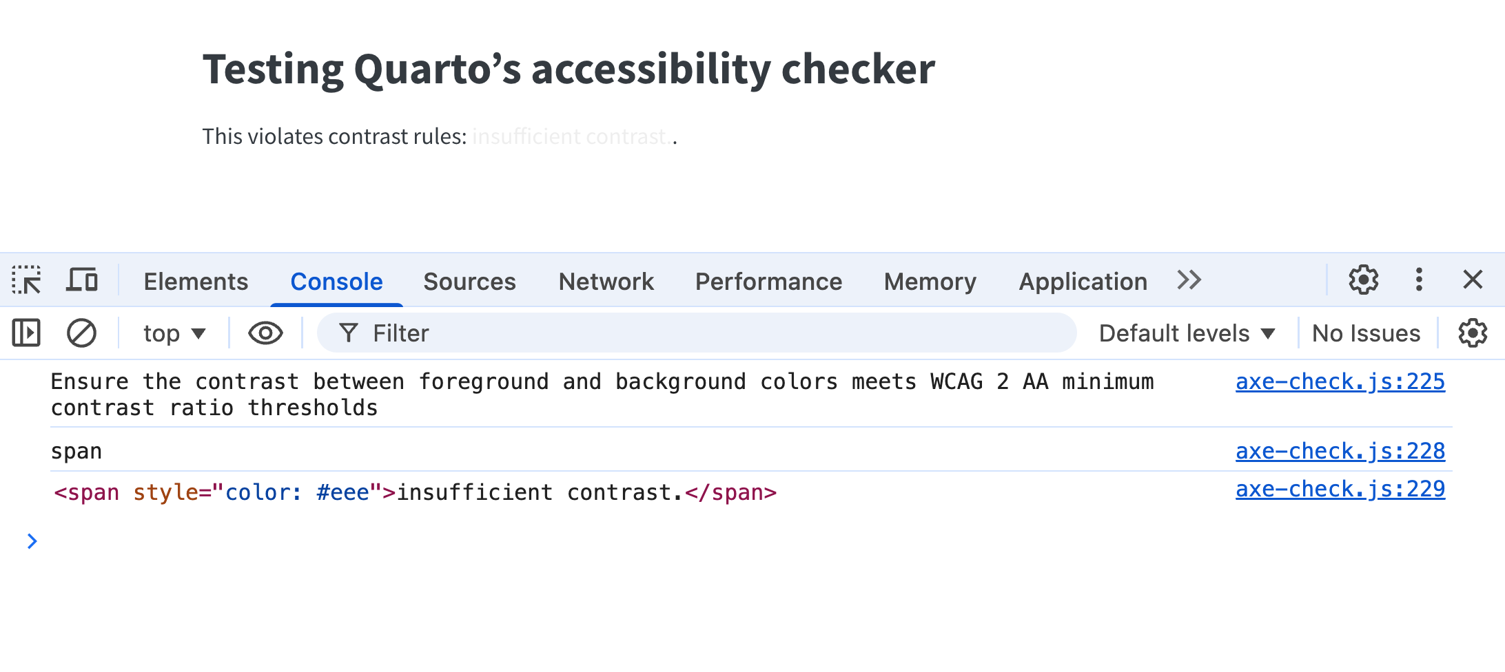 A rendered webpage with the browser developer tools open below it. The console shows messages from axe-core: a violation description reading 'Ensure the contrast between foreground and background colors meets WCAG 2 AA minimum contrast ratio thresholds', followed by the selector and HTML of the offending element.